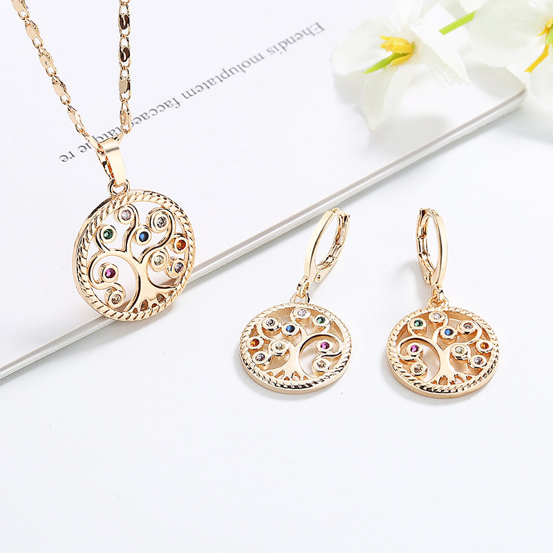 18K Gold Plated Tree of Life Jewelry Set - Necklace and Earrings with White Cubic Zirconia