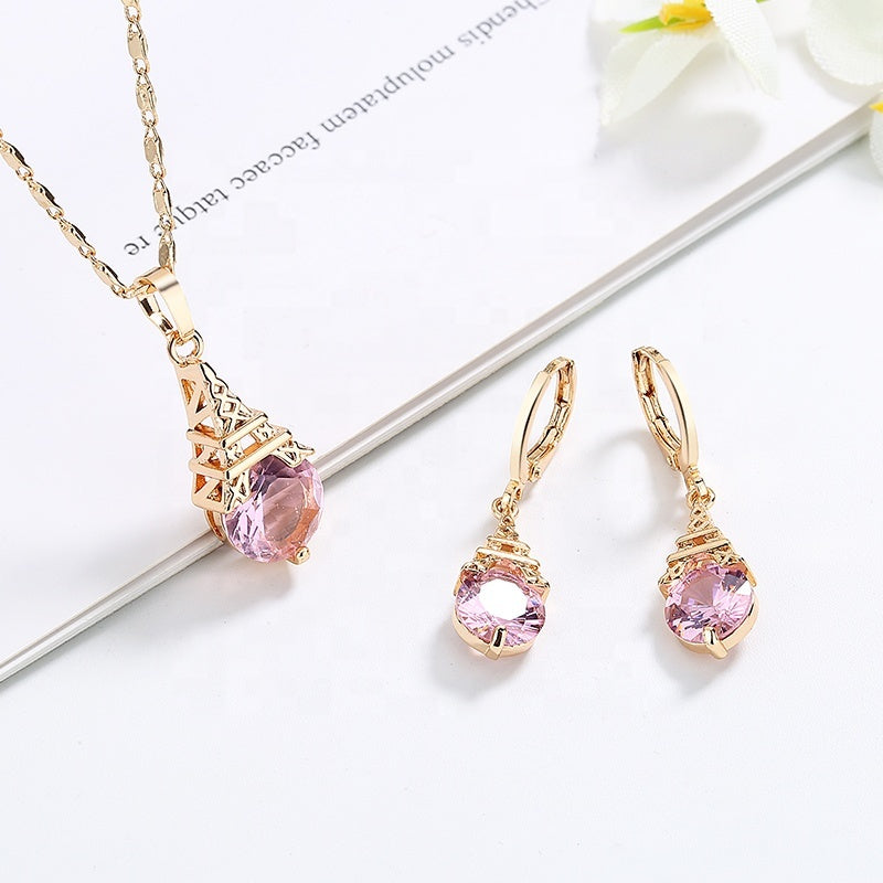18K Gold Plated Eiffel Tower Necklace & Earrings Jewelry Set with Cubic Zirconia
