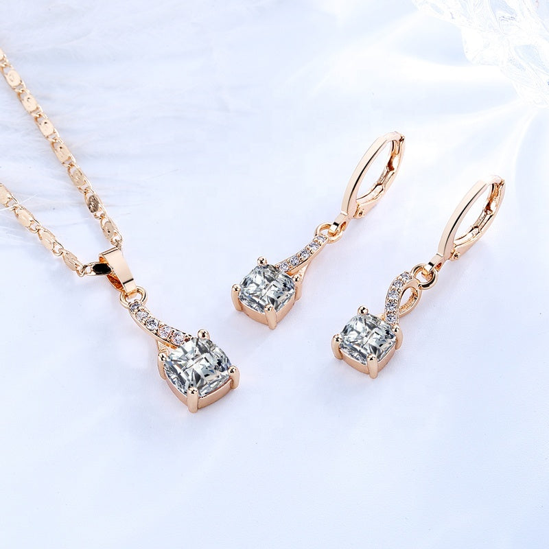 18K Gold Plated Vintage Twist Cushion-Cut Zircon Necklace & Earrings Jewelry Set