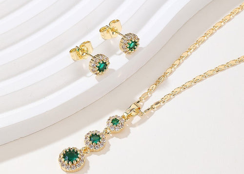 18K Gold Plated Emerald Green Tassel Halo Zircon Necklace & Earrings Jewelry Set