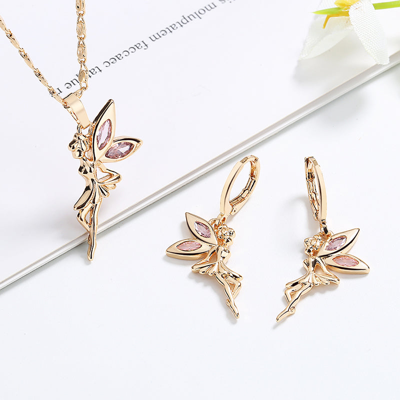 18K Gold Plated Tinkerbell Fairy Angel Necklace & Earrings Jewelry Set