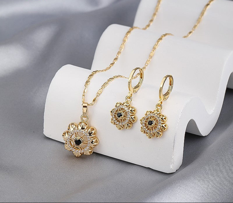 18K Gold Plated Vintage Floral Zircon Necklace & Earrings Jewelry Set