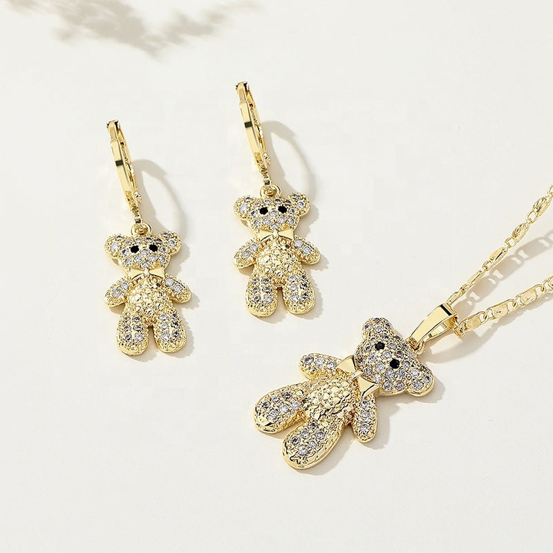 18K Gold Plated Sparkling Teddy Bear Cubic Zirconia Necklace & Earrings Jewelry Set