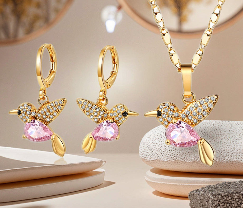 18K Gold Plated Crystal Hummingbird Heart Pendant Necklace & Drop Earrings Jewelry Set
