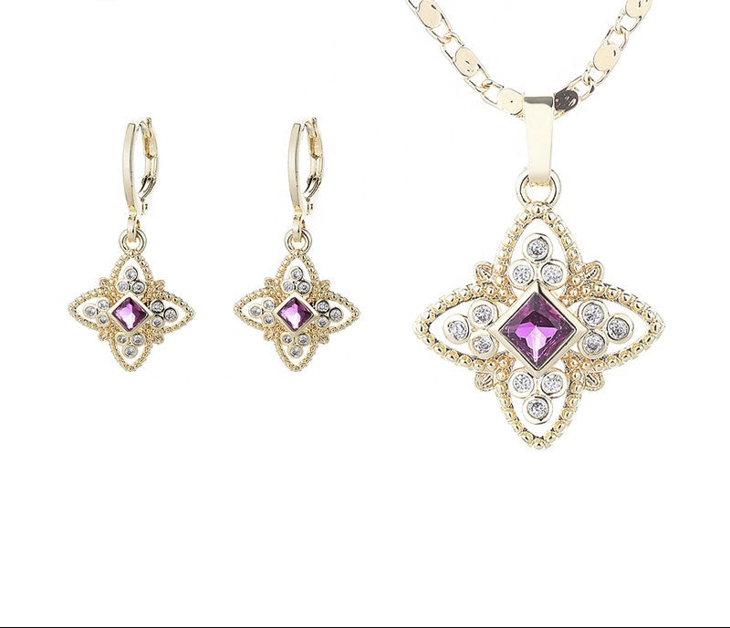 18K Gold Plated Luxury Four-Leaf Floral Cubic Zirconia Necklace & Earrings Jewelry Set