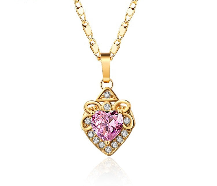 18K Gold Plated Vintage Heart-Shaped Cubic Zirconia Necklace & Earrings Jewelry Set