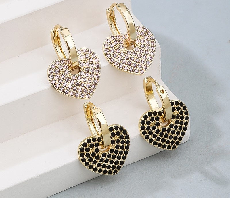 18K Gold Plated Romantic Pave Cubic Zirconia Heart Huggie Hoop Earrings