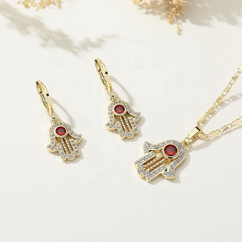 18K Gold Plated Hamsa Hand Protection Pendant Necklace & Huggie Earrings Jewelry Set