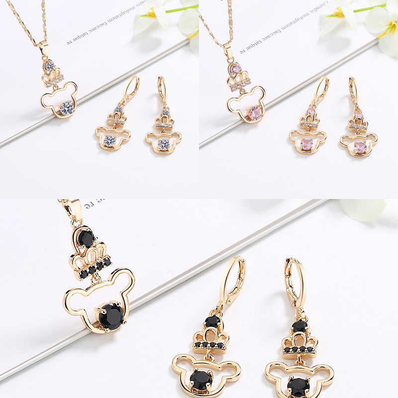 18K Gold Plated Crowned Cartoon Mouse Zircon Pendant Necklace & Earrings Jewelry Set
