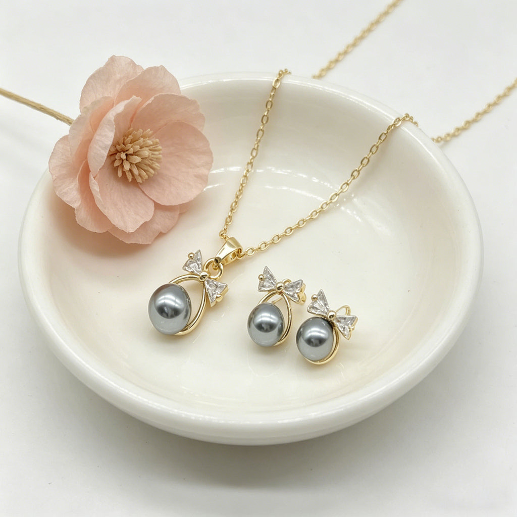 18K Gold Plated Zircon Bowknot & Elegant Pearl Pendant Necklace with Stud Earrings Jewelry Set