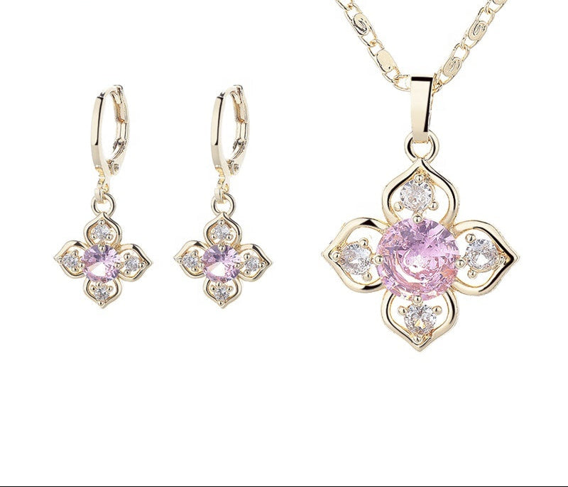 18K Gold Plated Four-Leaf Flower Crystal Pendant Necklace & Leverback Earrings Jewelry Set