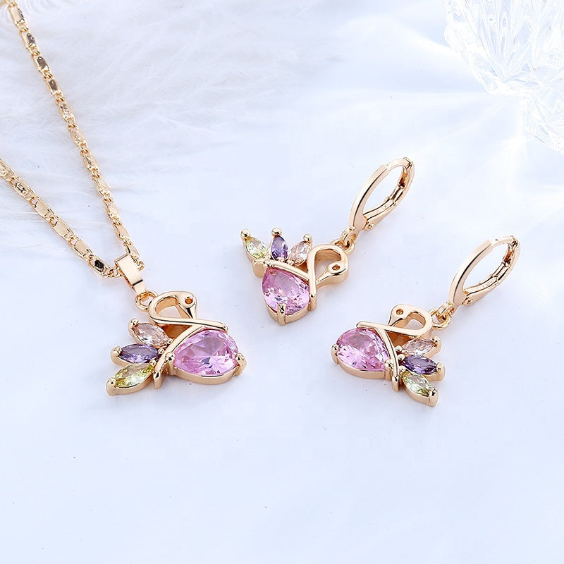 18K Gold Plated Elegant Beautiful Swan Zirconia Pendant Necklace & Earrings Jewelry Set