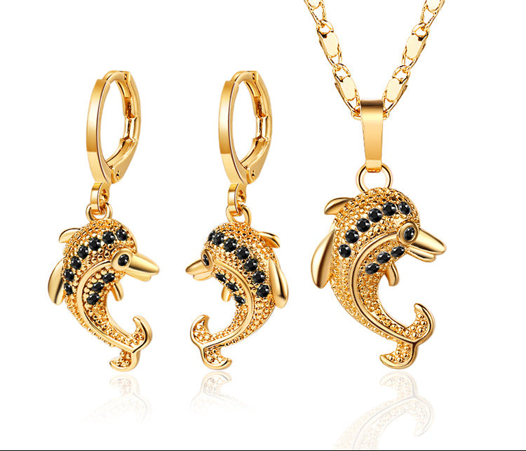 18K Gold Plated Cute Dolphin Zircon Pendant Necklace & Leverback Earrings Jewelry Set