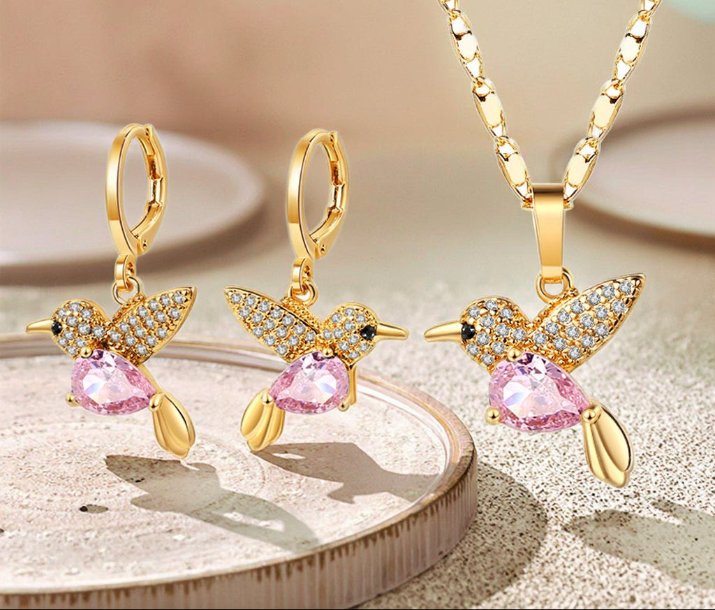 18K Gold Plated Crystal Hummingbird Heart Pendant Necklace & Drop Earrings Jewelry Set