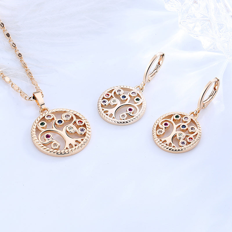 18K Gold Plated Tree of Life Jewelry Set - Necklace and Earrings with White Cubic Zirconia