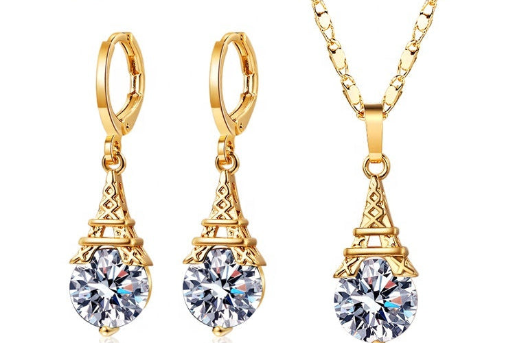 18K Gold Plated Eiffel Tower Necklace & Earrings Jewelry Set with Cubic Zirconia