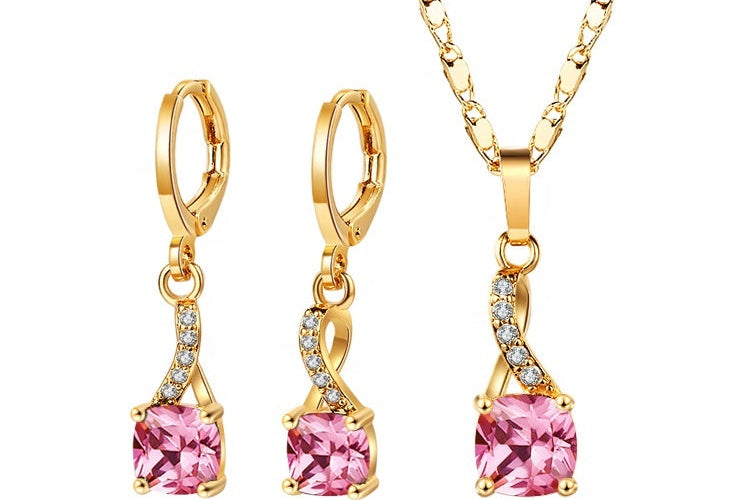 18K Gold Plated Vintage Twist Cushion-Cut Zircon Necklace & Earrings Jewelry Set