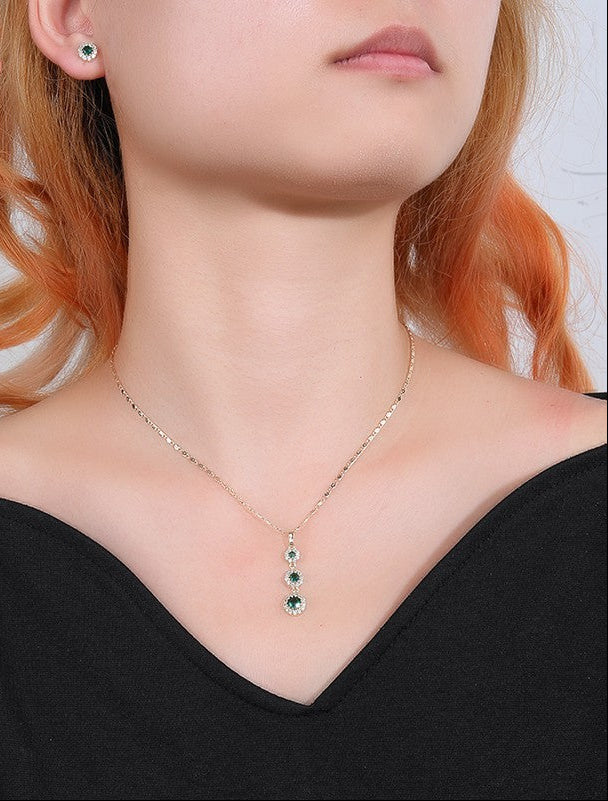 18K Gold Plated Emerald Green Tassel Halo Zircon Necklace & Earrings Jewelry Set