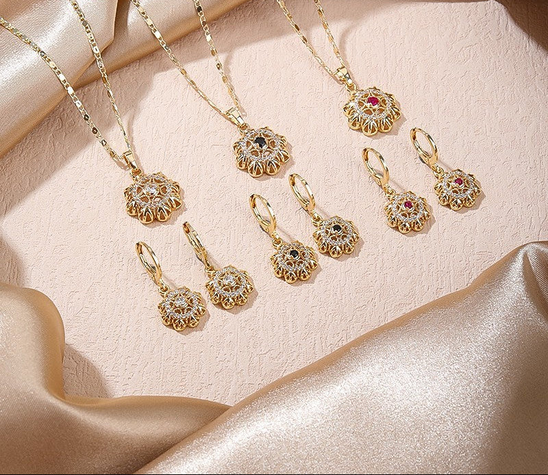 18K Gold Plated Vintage Floral Zircon Necklace & Earrings Jewelry Set