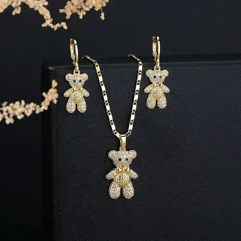 18K Gold Plated Sparkling Teddy Bear Cubic Zirconia Necklace & Earrings Jewelry Set
