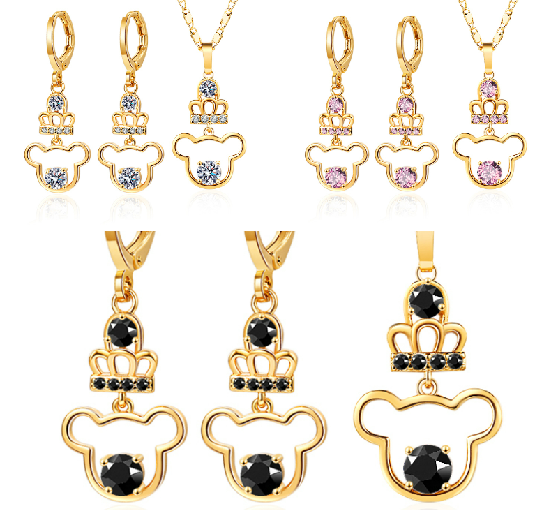 18K Gold Plated Crowned Cartoon Mouse Zircon Pendant Necklace & Earrings Jewelry Set