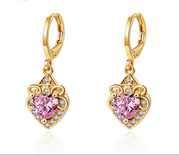 18K Gold Plated Vintage Heart-Shaped Cubic Zirconia Necklace & Earrings Jewelry Set
