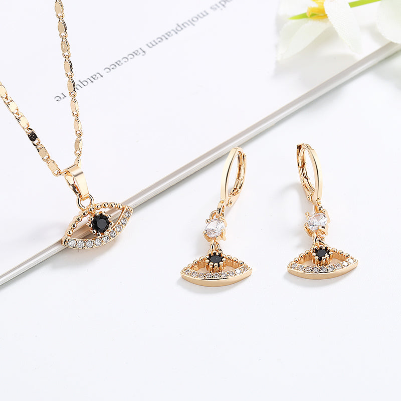 18K Gold Plated Mystic Evil Eye AAA Cubic Zirconia Necklace & Huggie Earrings Jewelry Set