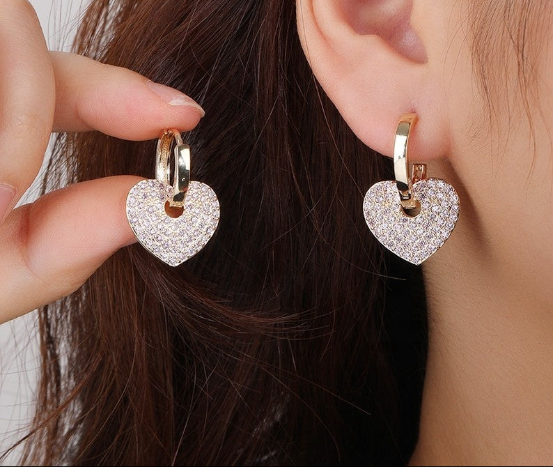 18K Gold Plated Romantic Pave Cubic Zirconia Heart Huggie Hoop Earrings