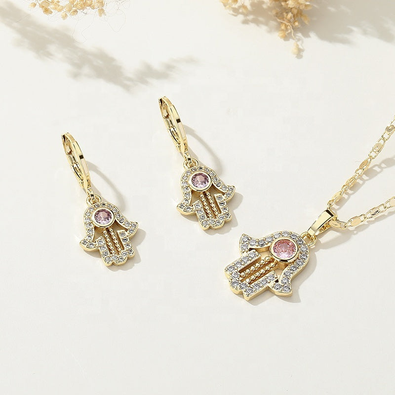 18K Gold Plated Hamsa Hand Protection Pendant Necklace & Huggie Earrings Jewelry Set