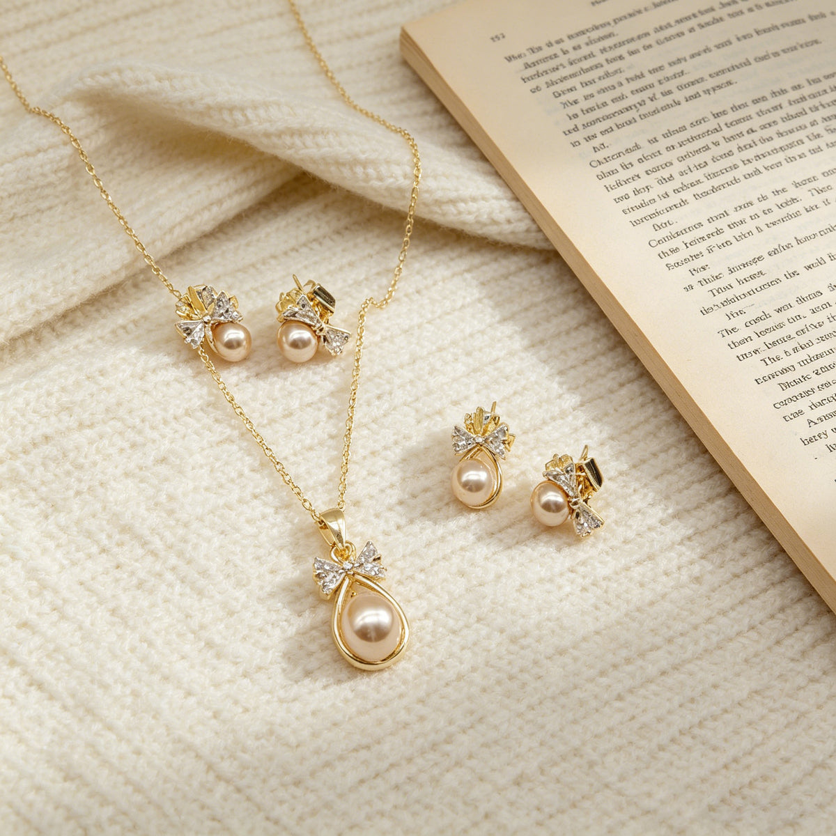 18K Gold Plated Zircon Bowknot & Elegant Pearl Pendant Necklace with Stud Earrings Jewelry Set