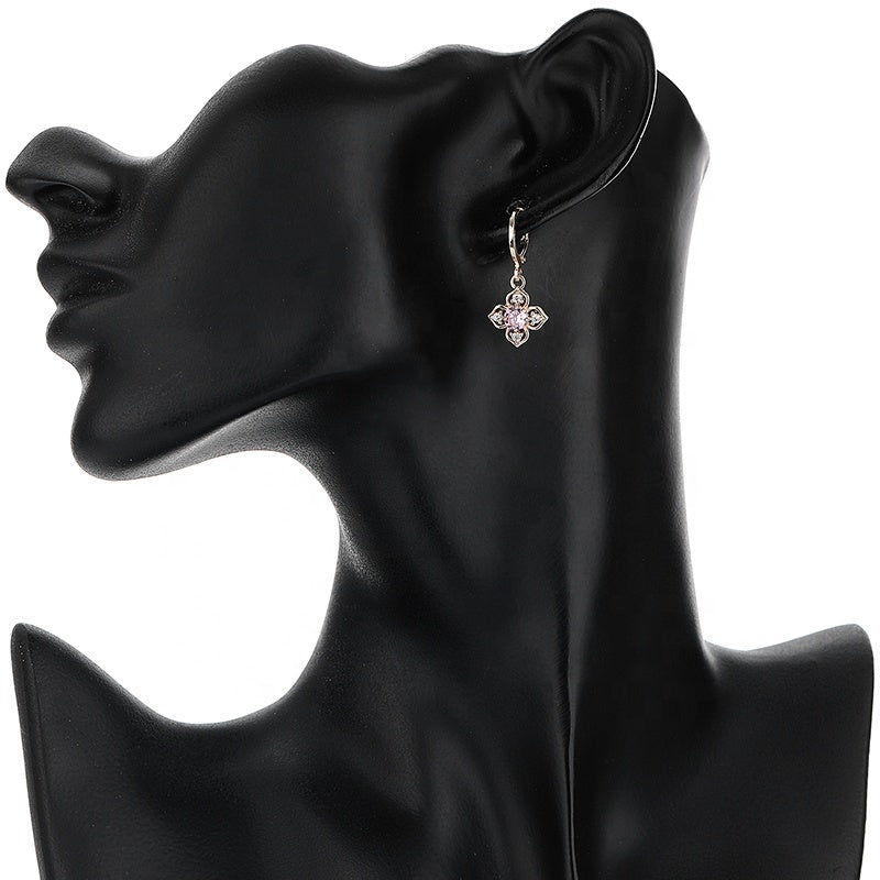 18K Gold Plated Four-Leaf Flower Crystal Pendant Necklace & Leverback Earrings Jewelry Set