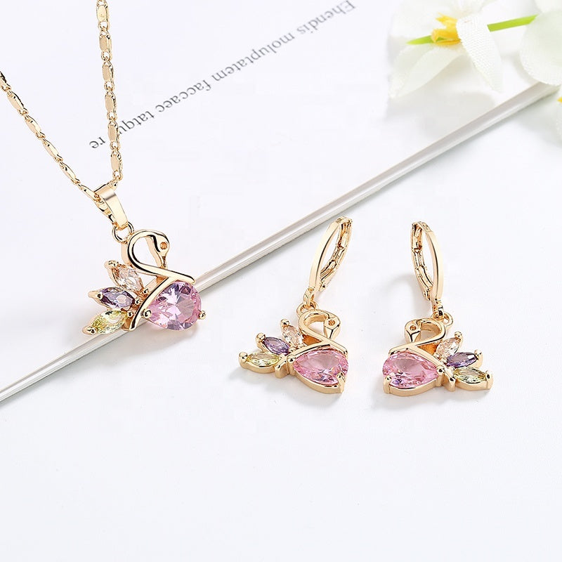 18K Gold Plated Elegant Beautiful Swan Zirconia Pendant Necklace & Earrings Jewelry Set