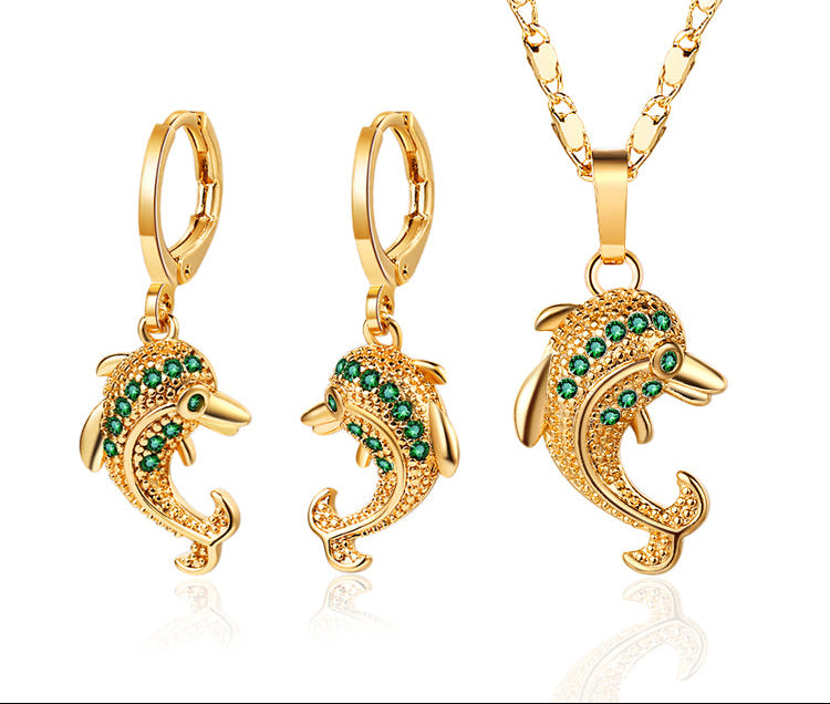 18K Gold Plated Cute Dolphin Zircon Pendant Necklace & Leverback Earrings Jewelry Set