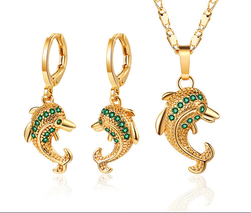 18K Gold Plated Cute Dolphin Zircon Pendant Necklace & Leverback Earrings Jewelry Set