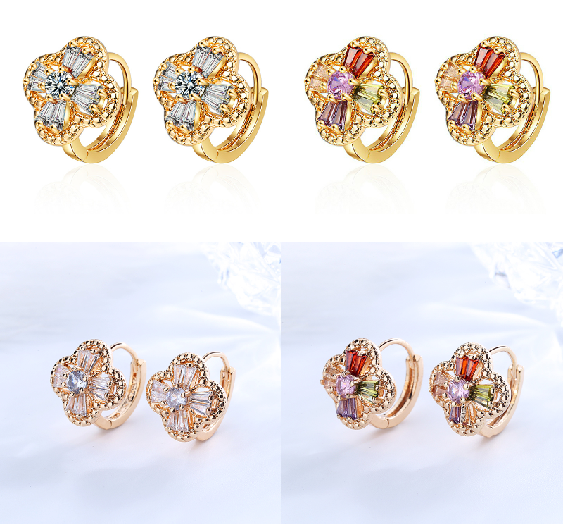 18K Gold Plated Rainbow Crystal Flower Huggie Hoop Earrings for Women
