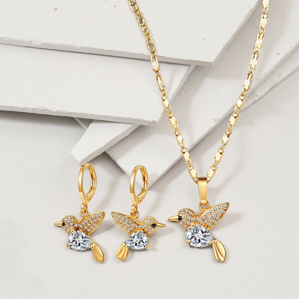 18K Gold Plated Crystal Hummingbird Heart Pendant Necklace & Drop Earrings Jewelry Set