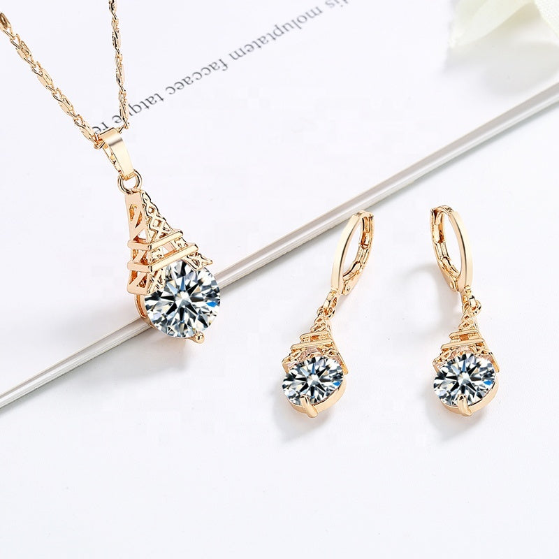 18K Gold Plated Eiffel Tower Necklace & Earrings Jewelry Set with Cubic Zirconia