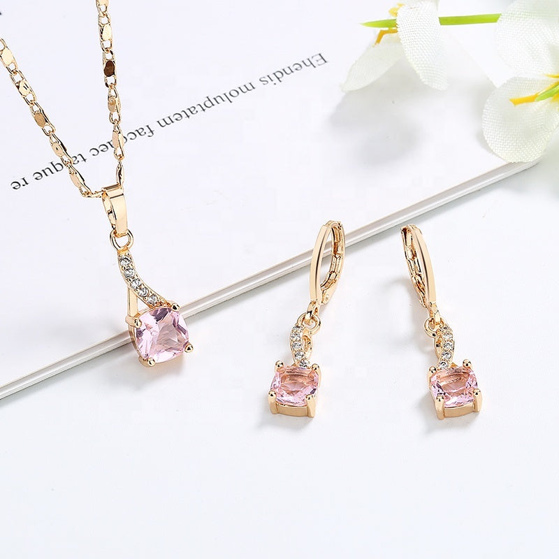 18K Gold Plated Vintage Twist Cushion-Cut Zircon Necklace & Earrings Jewelry Set
