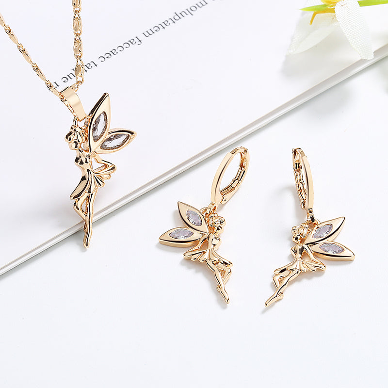18K Gold Plated Tinkerbell Fairy Angel Necklace & Earrings Jewelry Set