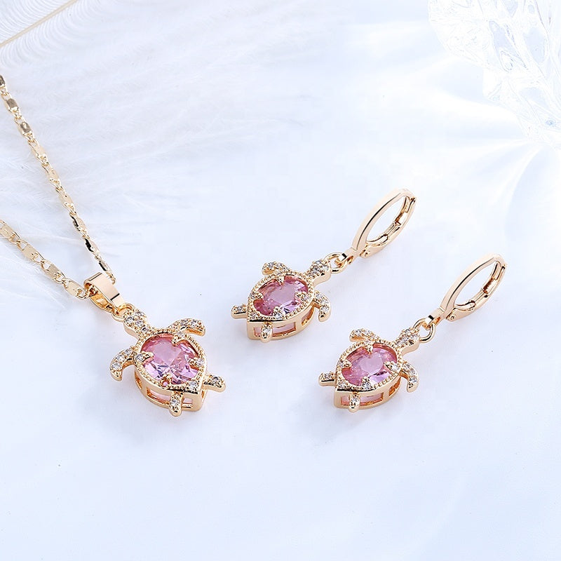 18K Gold Plated Cute Turtle Cubic Zirconia Necklace & Earrings Jewelry Set