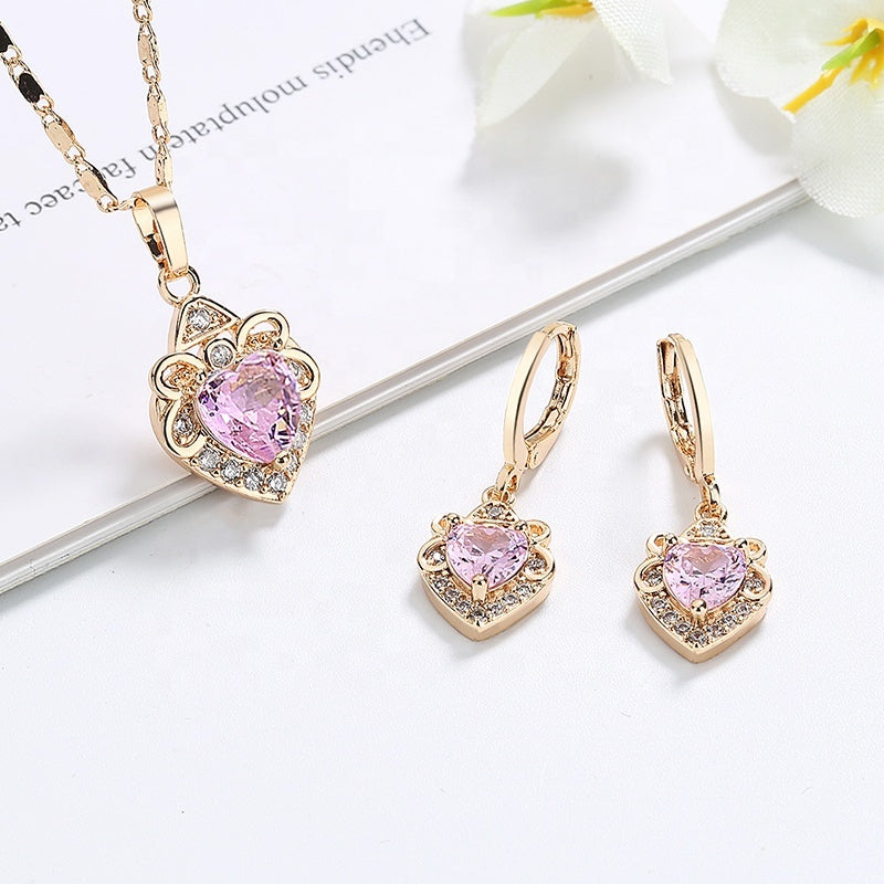 18K Gold Plated Vintage Heart-Shaped Cubic Zirconia Necklace & Earrings Jewelry Set