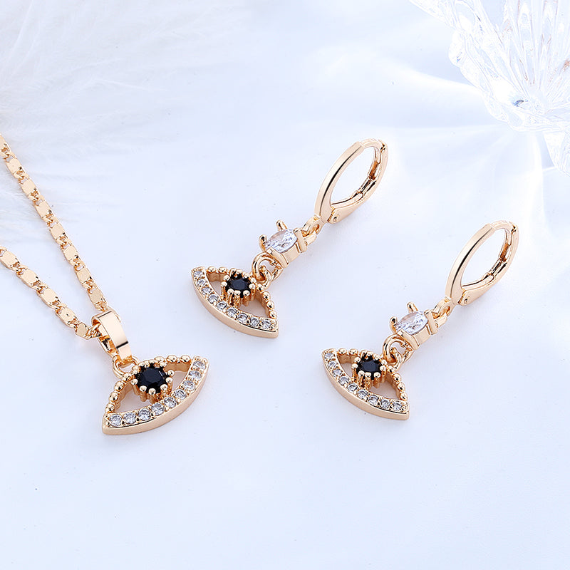 18K Gold Plated Mystic Evil Eye AAA Cubic Zirconia Necklace & Huggie Earrings Jewelry Set