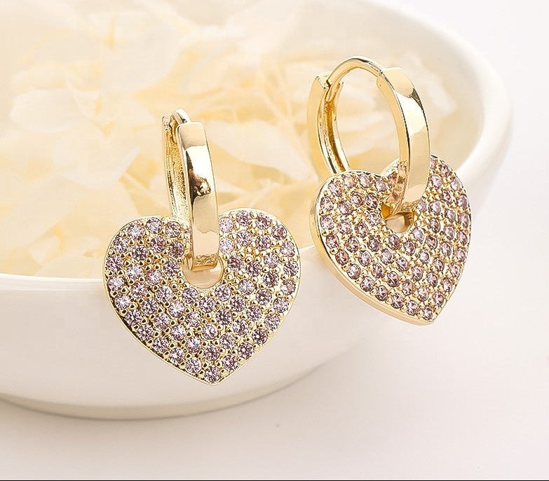 18K Gold Plated Romantic Pave Cubic Zirconia Heart Huggie Hoop Earrings