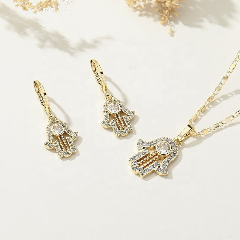 18K Gold Plated Hamsa Hand Protection Pendant Necklace & Huggie Earrings Jewelry Set