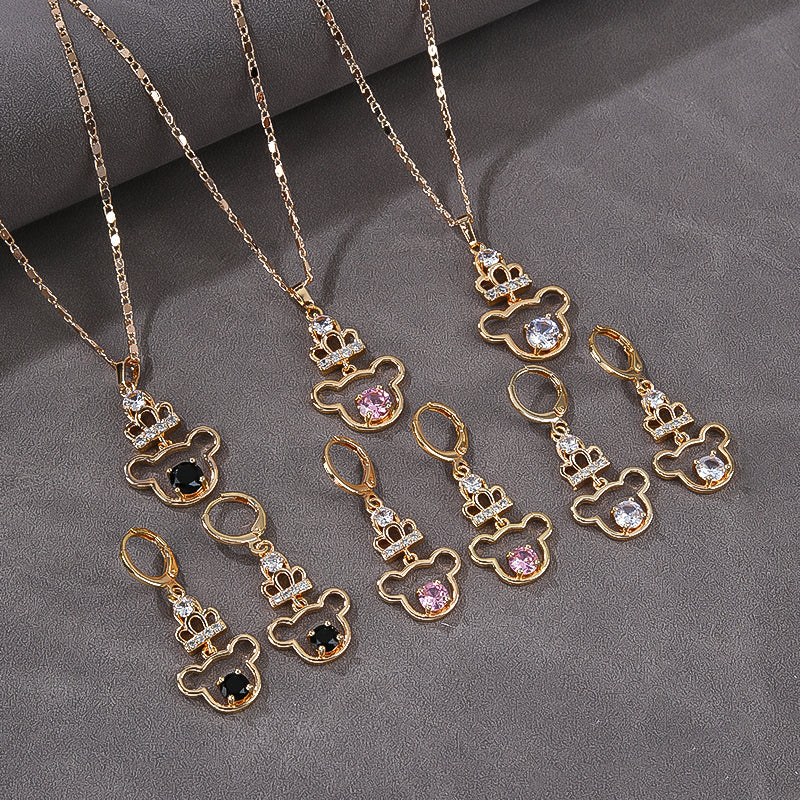 18K Gold Plated Crowned Cartoon Mouse Zircon Pendant Necklace & Earrings Jewelry Set