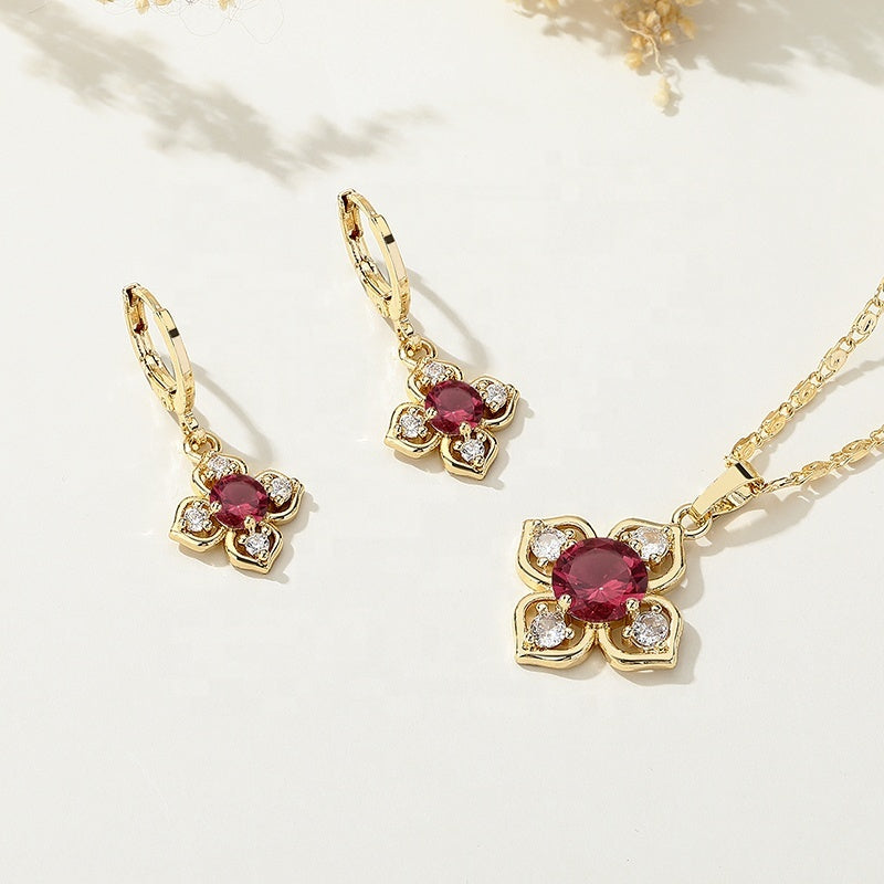 18K Gold Plated Four-Leaf Flower Crystal Pendant Necklace & Leverback Earrings Jewelry Set