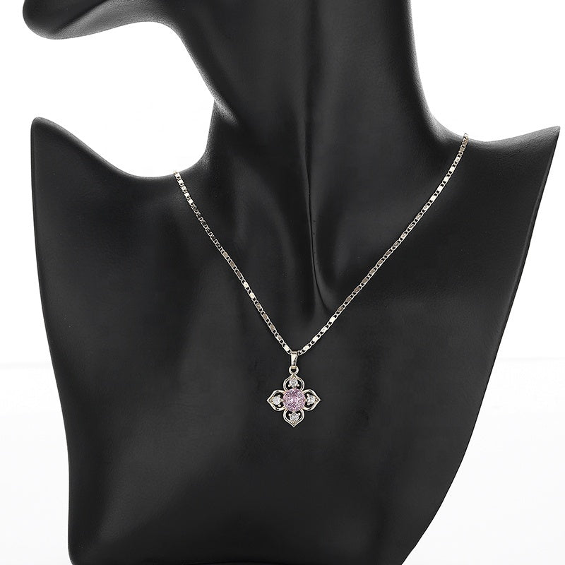 18K Gold Plated Four-Leaf Flower Crystal Pendant Necklace & Leverback Earrings Jewelry Set
