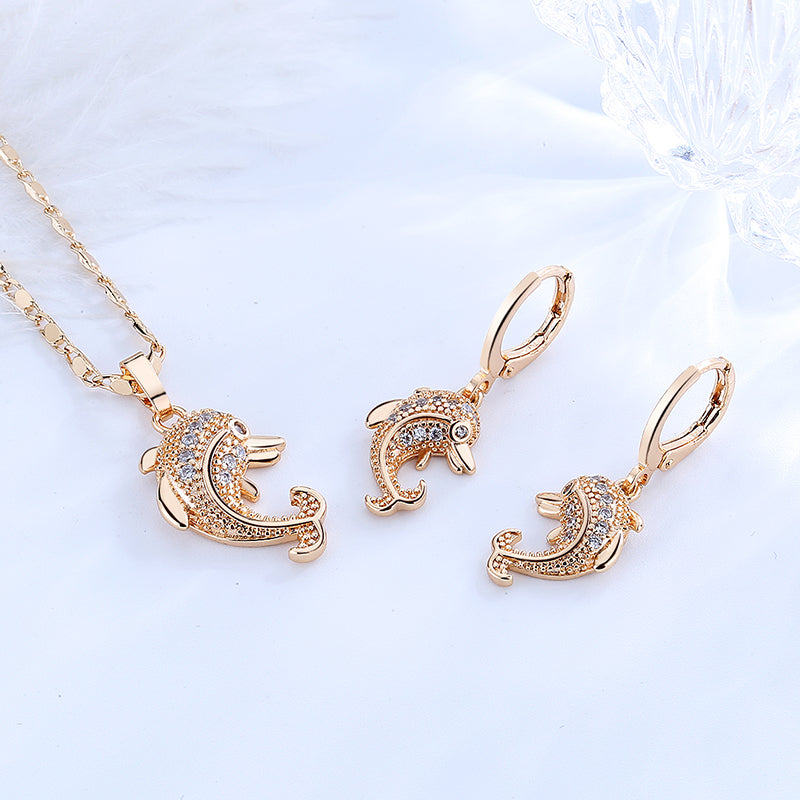18K Gold Plated Cute Dolphin Zircon Pendant Necklace & Leverback Earrings Jewelry Set