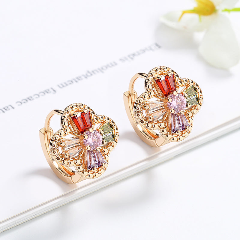 18K Gold Plated Rainbow Crystal Flower Huggie Hoop Earrings for Women