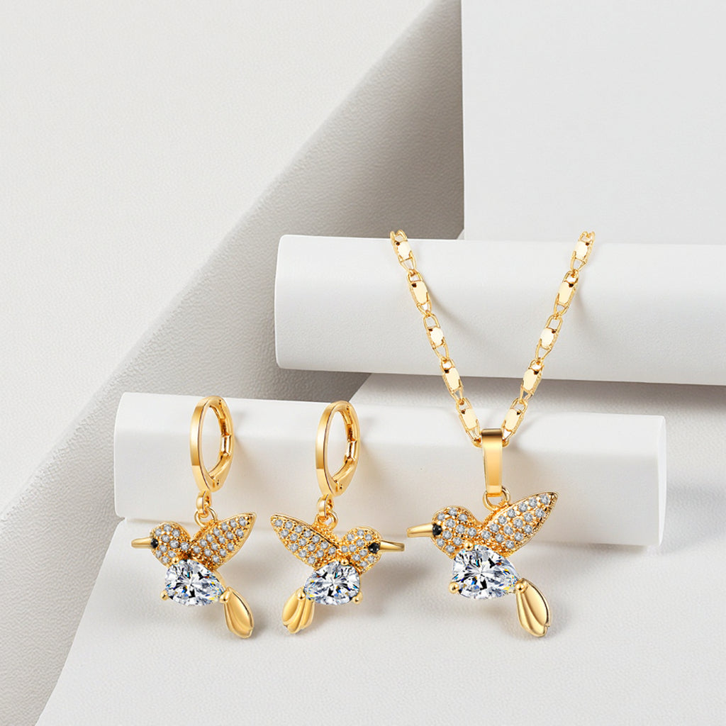 18K Gold Plated Crystal Hummingbird Heart Pendant Necklace & Drop Earrings Jewelry Set